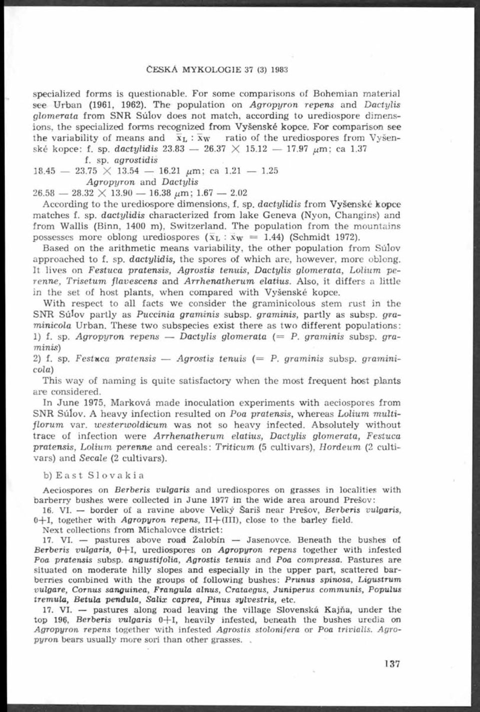 For comparison see the variability of means and x l : xw ratio of the urediospores from Vyšenské kopce: f. sp. dactylidis 23.83 26.37 X 15.12 17.97 ^m ; ca 1.37 f. sp. agrostidis 18.45 23.75 X 13.