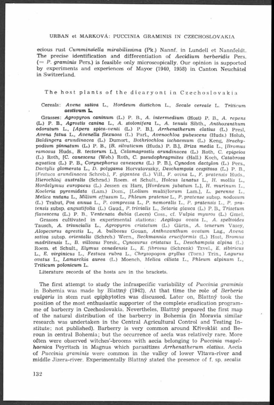 Our opinion is supported by experiments and experiences o f M ayor (1940, 1958) in Canton Neuchâtel in Switzerland. T h e host plants of the dicaryont in Czechoslovakia Cereals: Avena sativa L.