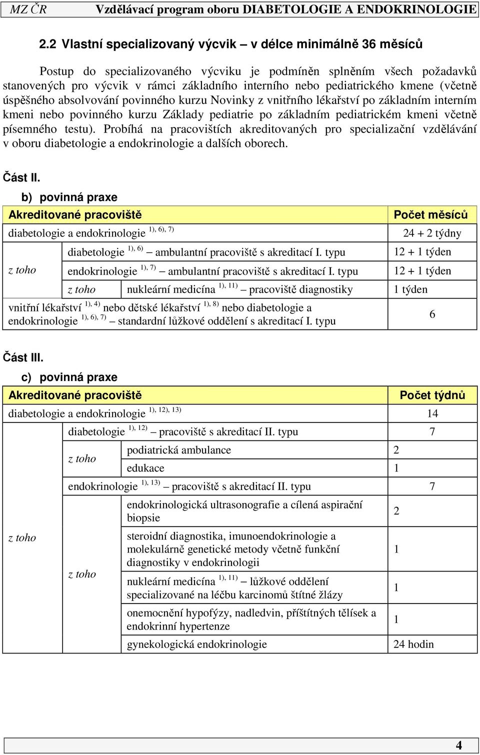 včetně písemného testu). Probíhá na pracovištích akreditovaných pro specializační vzdělávání v oboru diabetologie a endokrinologie a dalších oborech. Část II.