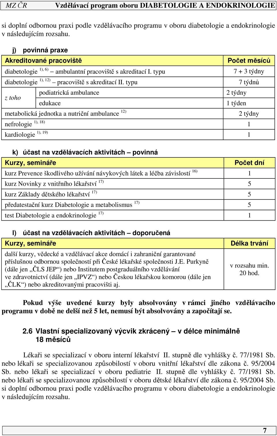 typu podiatrická ambulance edukace metabolická jednotka a nutriční ambulance 12) Počet měsíců 7 + 3 týdny 2 týdny 1 týden nefrologie 1), 18) 1 kardiologie 1), 19) 1 k) účast na vzdělávacích