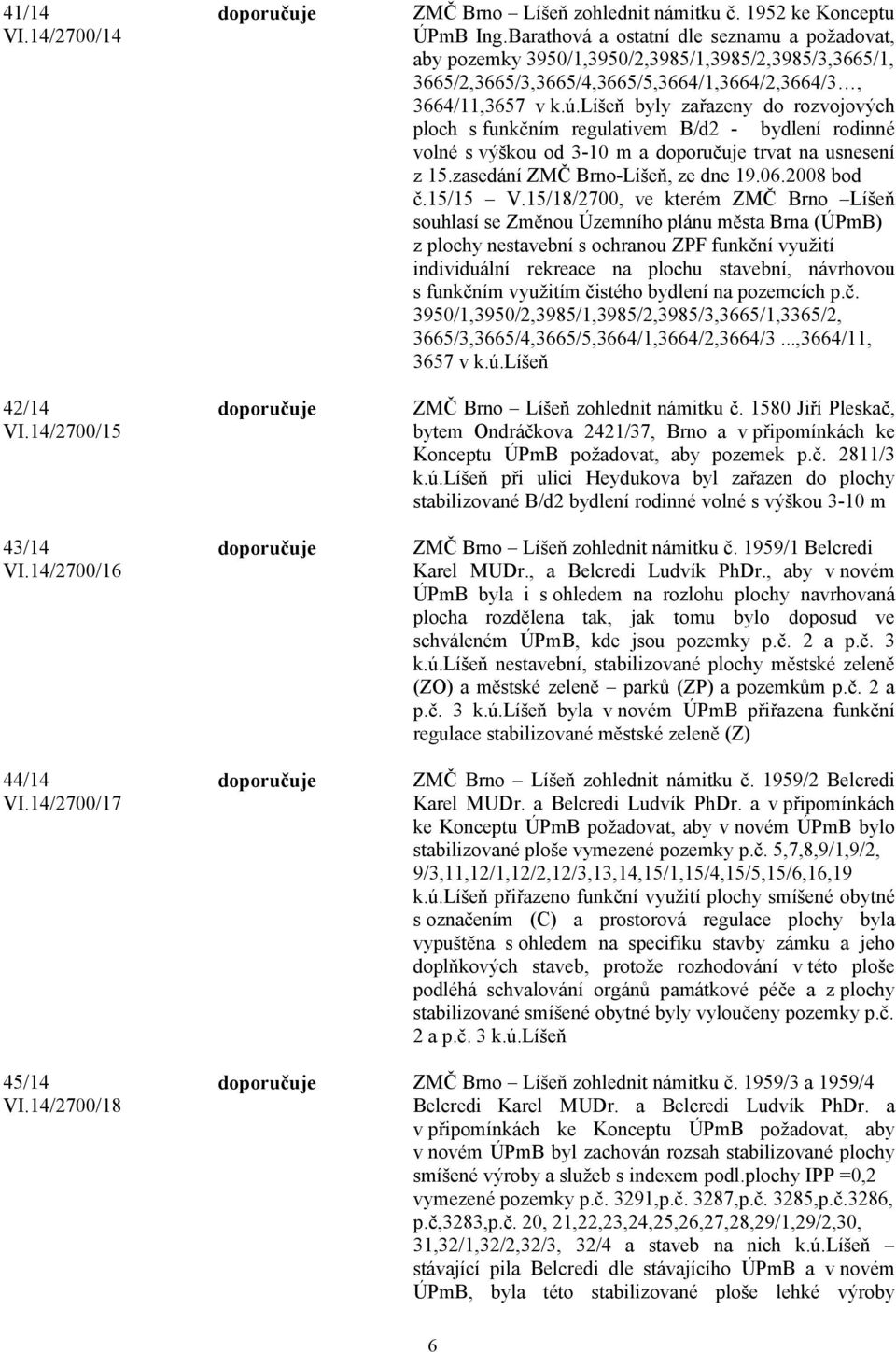 líšeň byly zařazeny do rozvojových ploch s funkčním regulativem B/d2 - bydlení rodinné volné s výškou od 3-10 m a trvat na usnesení z 15.zasedání ZMČ Brno-Líšeň, ze dne 19.06.2008 bod č.15/15 V.