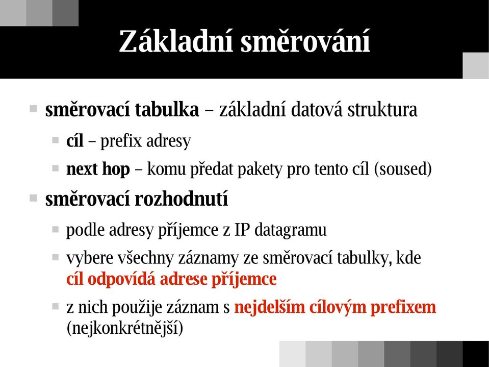 adresy příjemce z IP datagramu vybere všechny záznamy ze směrovací tabulky, kde cíl