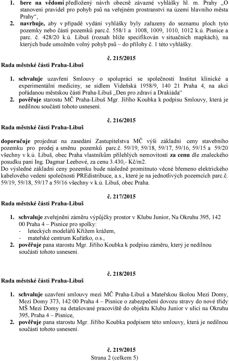 Písnice a parc. č. 428/20 k.ú. Libuš (rozsah blíže specifikován v situačních mapkách), na kterých bude umožněn volný pohyb psů do přílohy č. 1 této vyhlášky. č. 215/2015 1.