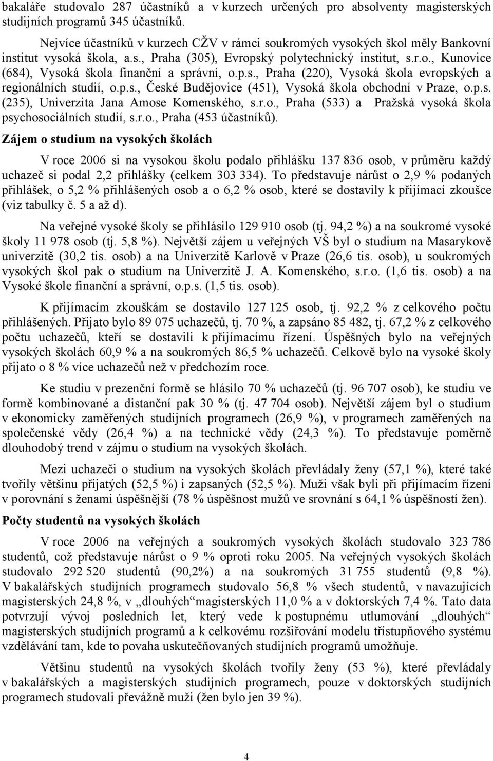 p.s., (220), Vysoká škola evropských a regionálních studií, o.p.s., České Budějovice (451), Vysoká škola obchodní v Praze, o.p.s. (235), Univerzita Jana Amose Komenského, s.r.o., (533) a Pražská vysoká škola psychosociálních studií, s.