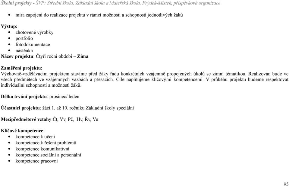 Cíle naplňujeme klíčovými kompetencemi. V průběhu projektu budeme respektovat individuální schopnosti a možnosti žáků. Délka trvání projektu: prosinec/ leden Účastníci projektu: žáci 1. až 10.