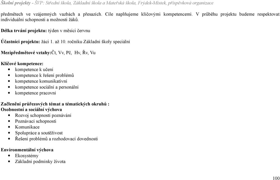 ročníku Základní školy speciální Mezipředmětové vztahy:čt, Vv, Pč, Hv, Řv, Vu Klíčové kompetence: kompetence k učení kompetence k řešení problémů kompetence komunikativní kompetence