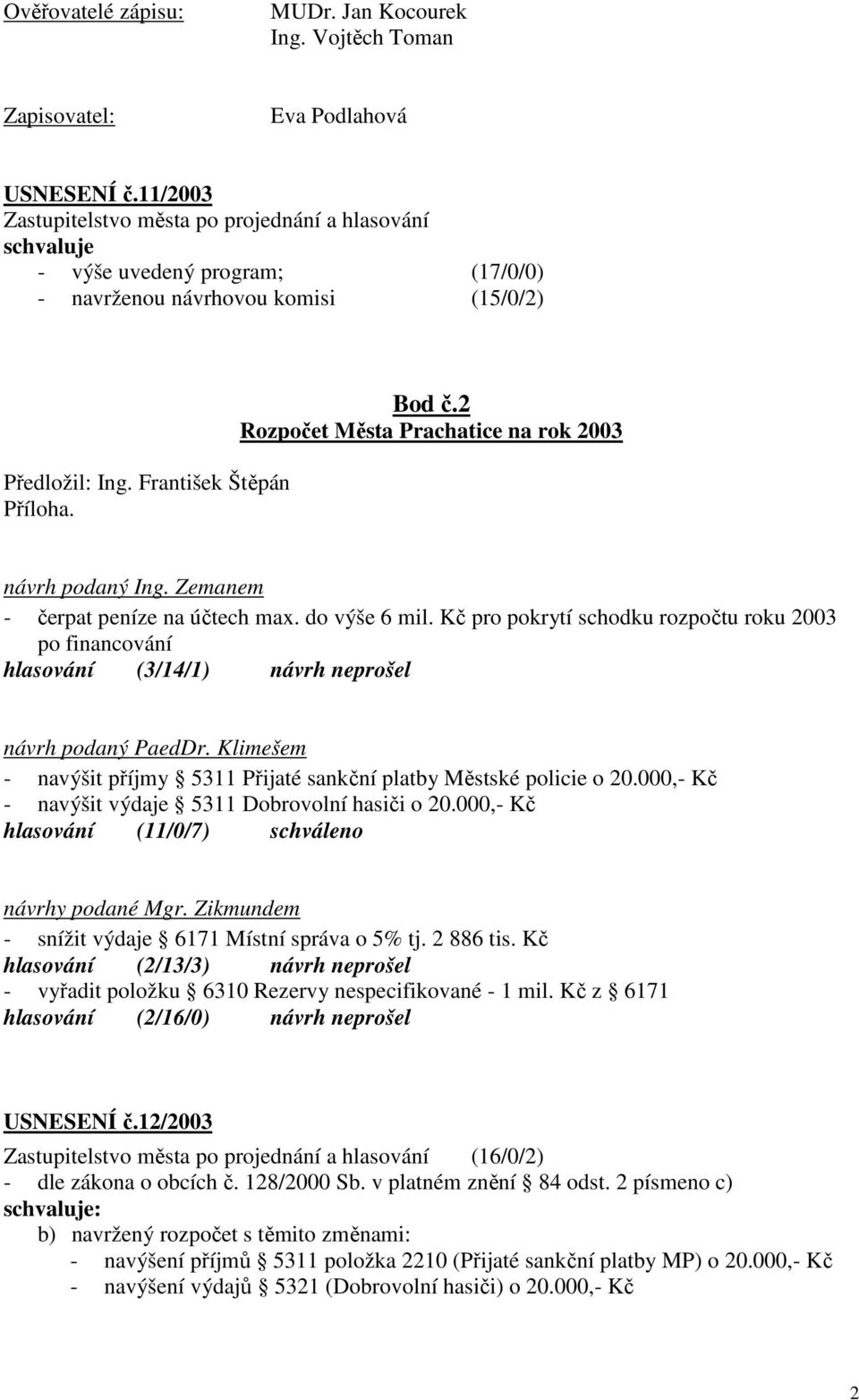 2 Rozpočet Města Prachatice na rok 2003 návrh podaný Ing. Zemanem - čerpat peníze na účtech max. do výše 6 mil.