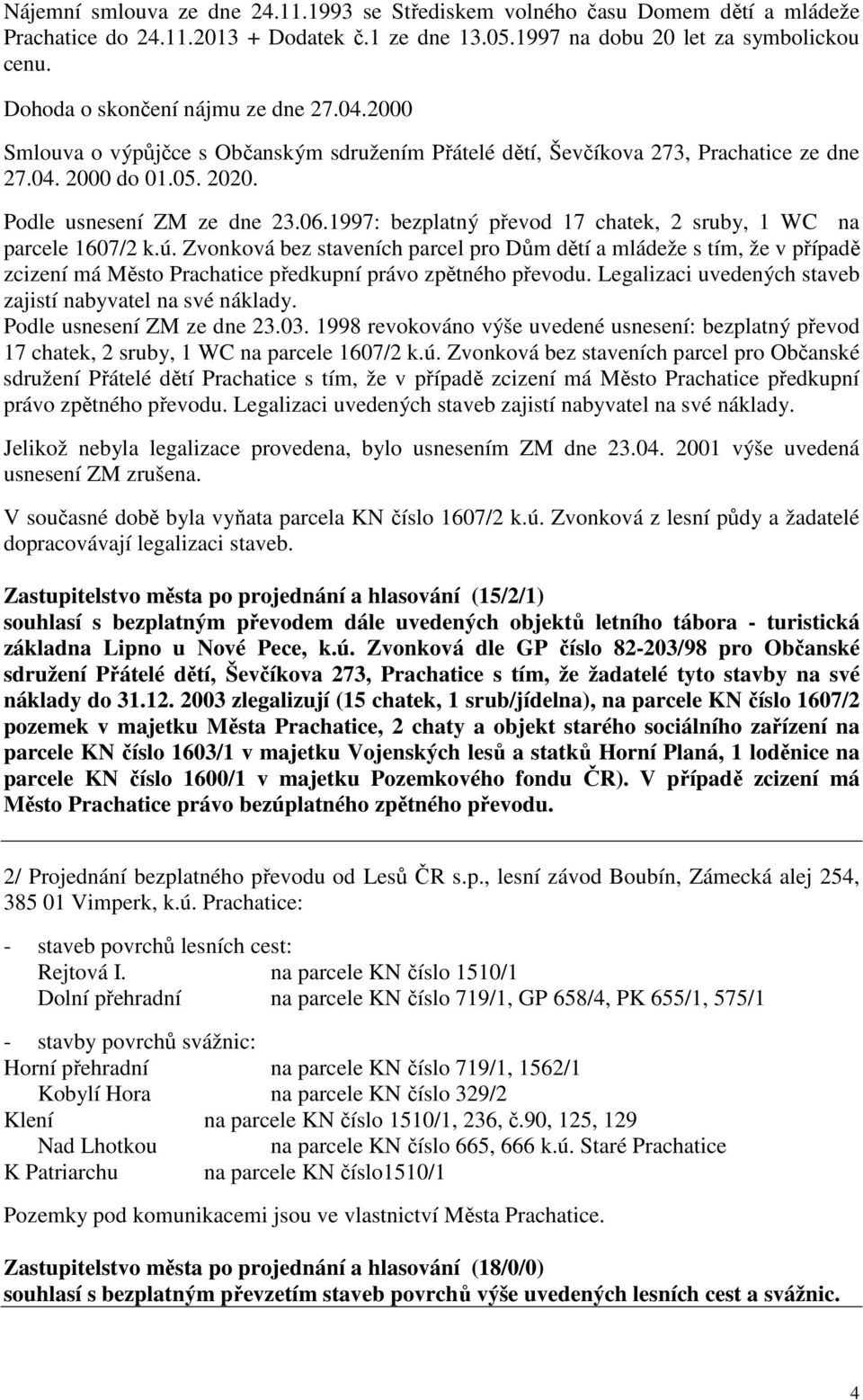 1997: bezplatný převod 17 chatek, 2 sruby, 1 WC na parcele 1607/2 k.ú.