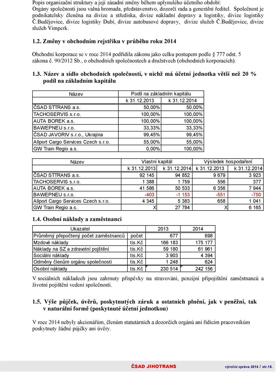 Budějovice, divize služeb Vimperk. 1.2. Změny v obchodním rejstříku v průběhu roku 2014 Obchodní korporace se v roce 2014 podřídila zákonu jako celku postupem podle 777 odst. 5 zákona č. 90/2012 Sb.