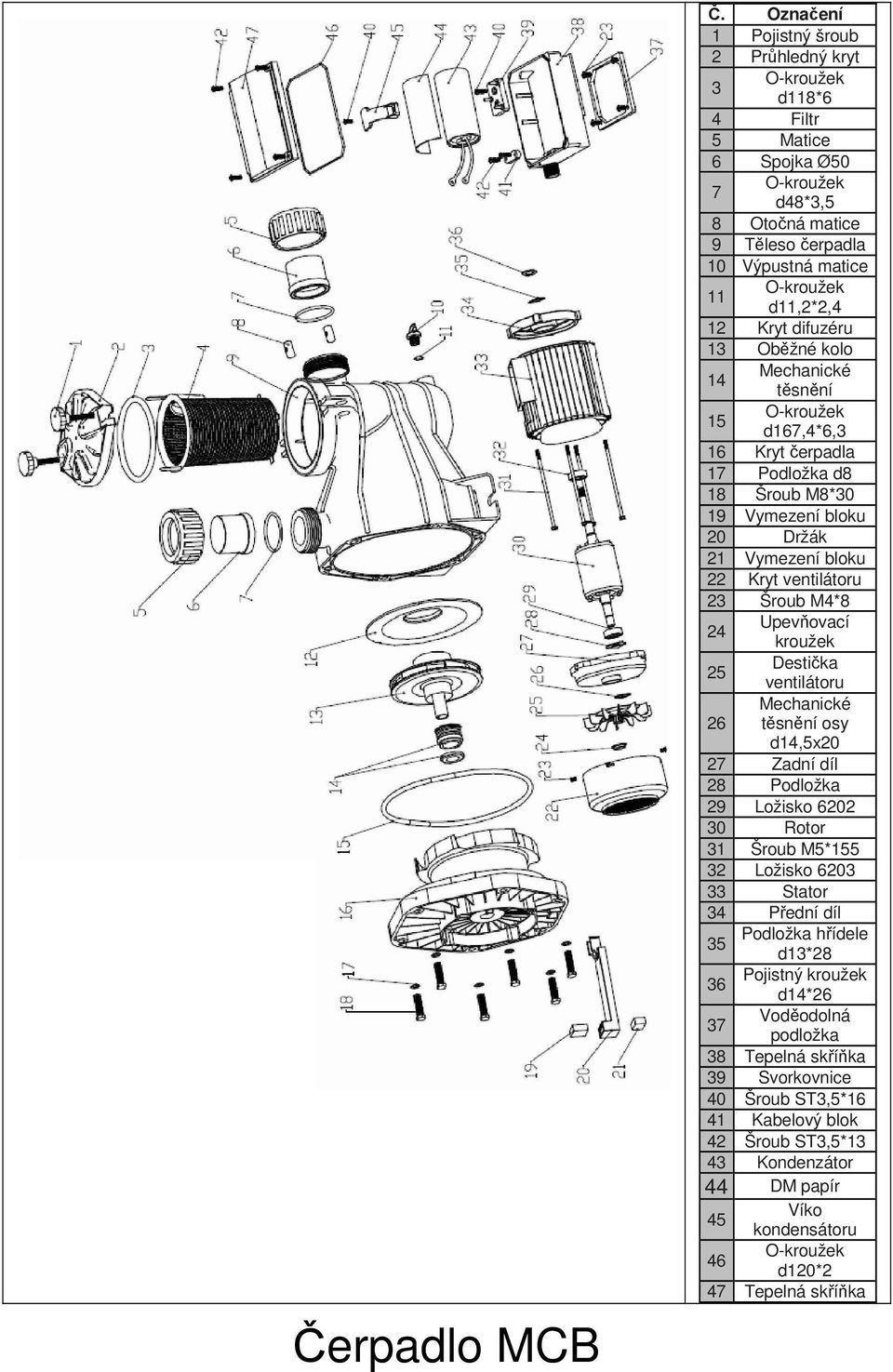 Mechanické těsnění 15 d167,4*6,3 16 Kryt čerpadla 17 Podložka d8 18 Šroub M8*30 19 Vymezení bloku 20 Držák 21 Vymezení bloku 22 Kryt ventilátoru 23 Šroub M4*8 24 Upevňovací kroužek 25 Destička