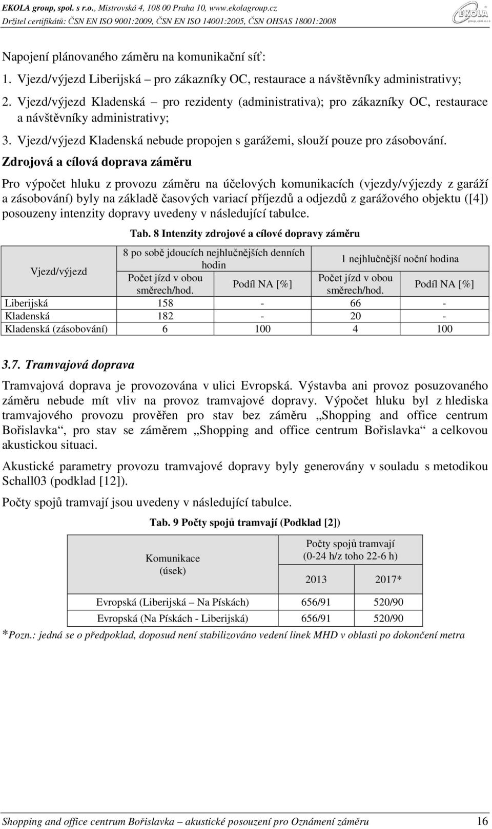 Zdrojová a cílová doprava záměru Pro výpočet hluku z provozu záměru na účelových komunikacích (vjezdy/výjezdy z garáží a zásobování) byly na základě časových variací příjezdů a odjezdů z garážového