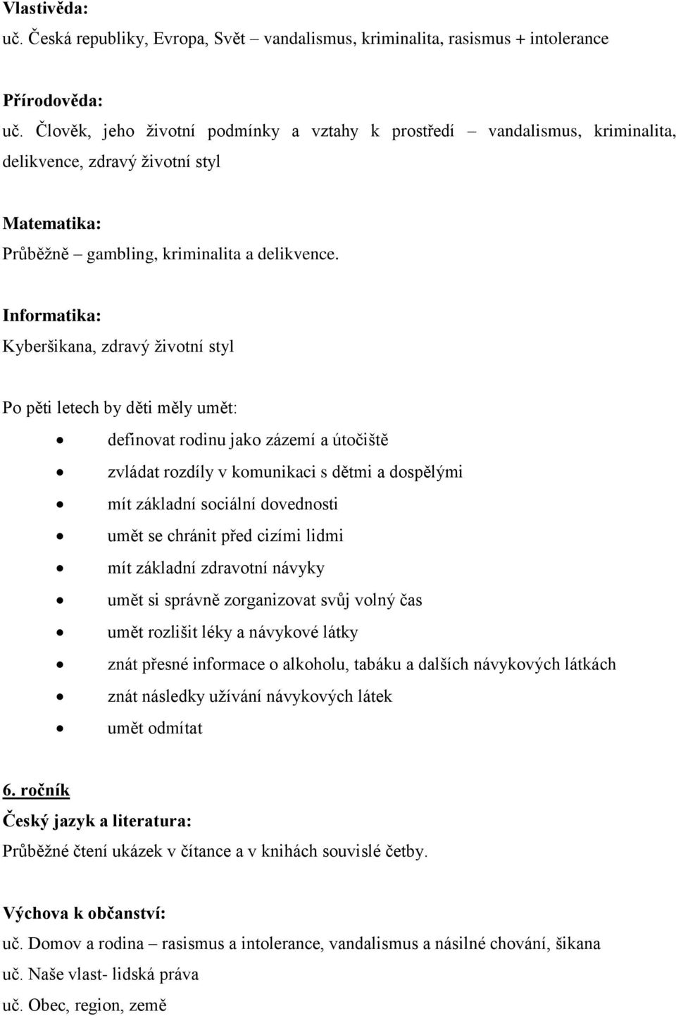 Informatika: Kyberšikana, zdravý životní styl Po pěti letech by děti měly umět: definovat rodinu jako zázemí a útočiště zvládat rozdíly v komunikaci s dětmi a dospělými mít základní sociální