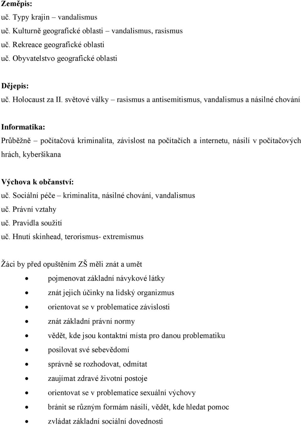 Výchova k občanství: uč. Sociální péče kriminalita, násilné chování, vandalismus uč. Právní vztahy uč. Pravidla soužití uč.