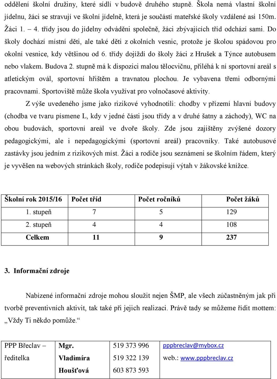 Do školy dochází místní děti, ale také děti z okolních vesnic, protože je školou spádovou pro okolní vesnice, kdy většinou od 6. třídy dojíždí do školy žáci z Hrušek a Týnce autobusem nebo vlakem.