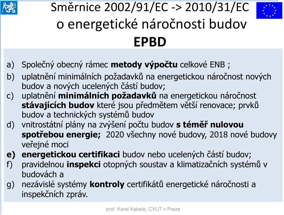 systémů budov d) vnitrostátní plány na zvýšení počtu budov s téměř nulovou spotřebou energie; 2020 všechny nové budovy, 2018 nové budovy veřejné moci e) energetickou certifikaci budov