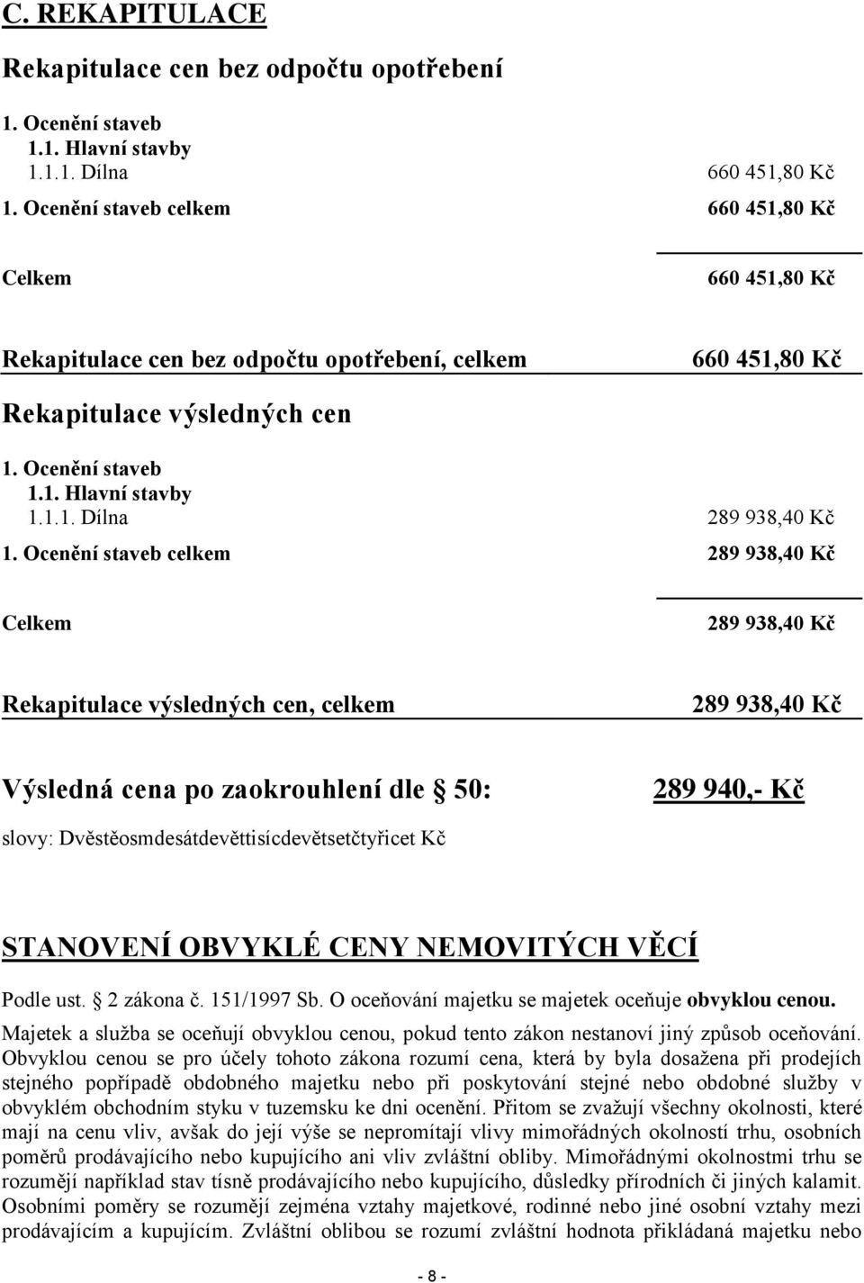 Ocenění staveb celkem 289 938,40 Kč Celkem 289 938,40 Kč Rekapitulace výsledných cen, celkem 289 938,40 Kč Výsledná cena po zaokrouhlení dle 50: 289 940,- Kč slovy: