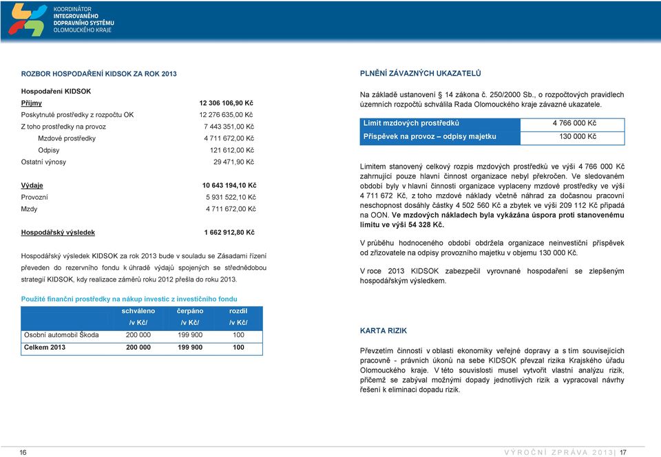 za rok 2013 bude v souladu se Zásadami řízení převeden do rezervního fondu k úhradě výdajů spojených se střednědobou strategií KIDSOK, kdy realizace záměrů roku 2012 přešla do roku 2013.