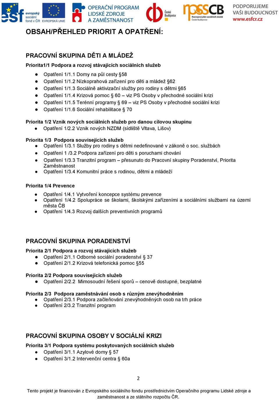 5 Terénní programy 69 viz PS Osoby v přechodné sociální krizi Opatření 1/1.6 Sociální rehabilitace 70 Priorita 1/2 Vznik nových sociálních služeb pro danou cílovou skupinu Opatření 1/2.