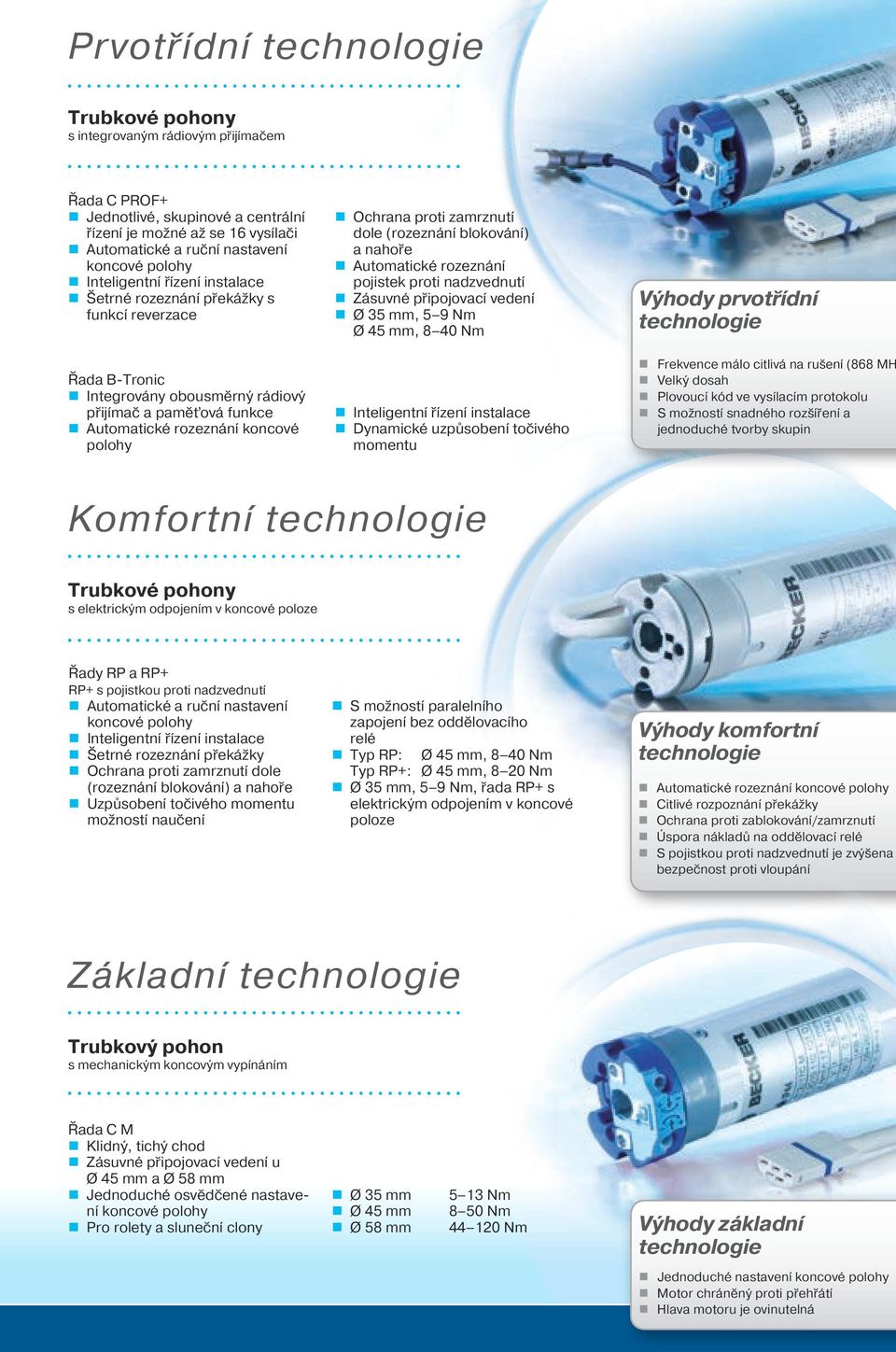 zamrznutí dole (rozeznání blokování) a nahoře Automatické rozeznání pojistek proti nadzvednutí Zásuvné připojovací vedení Ø 35 mm, 5 9 Nm Ø 45 mm, 8 40 Nm Inteligentní řízení instalace Dynamické