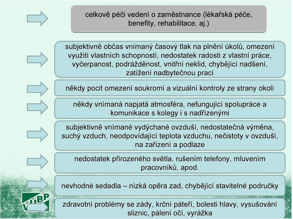 ení, zatížen ení nadbytečnou nou prací někdy pocit omezení soukromí a vizuáln lní kontroly ze strany okolí někdy vníman maná napjatá atmosféra, nefungující spolupráce a komunikace s kolegy i s