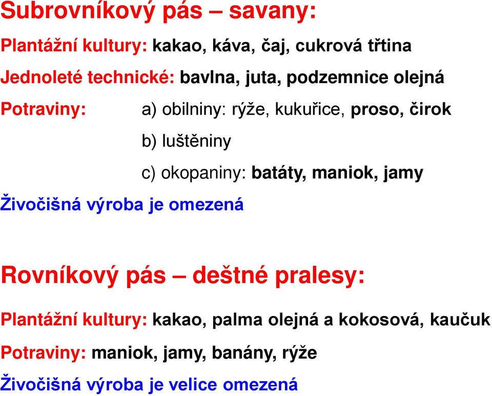 okopaniny: batáty, maniok, jamy Živočišná výroba je omezená Rovníkový pás deštné pralesy: Plantážní