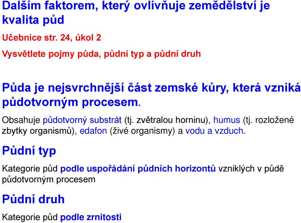půdotvorným procesem. Obsahuje půdotvorný substrát (tj. zvětralou horninu), humus (tj.