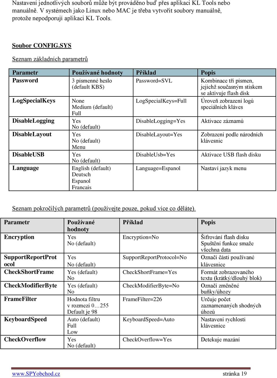 SYS Seznam základních parametrů Parametr Používané hodnoty Příklad Popis Password 3 písmenné heslo (default KBS) Password=SVL Kombinace tří písmen, jejichž současným stiskem se aktivuje flash disk