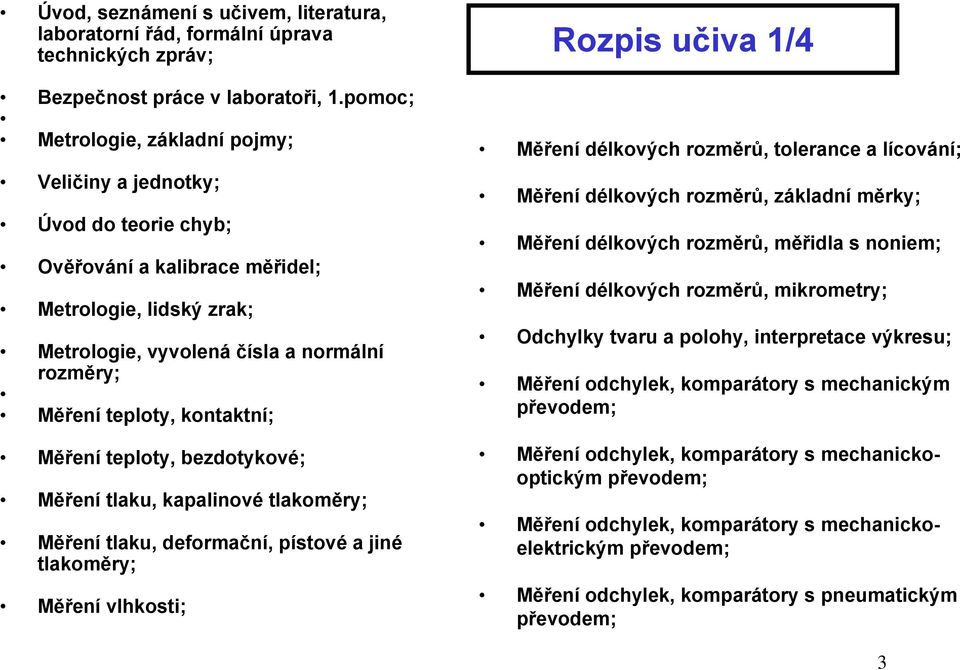 kontaktní; Měření teploty, bezdotykové; Měření tlaku, kapalinové tlakoměry; Měření tlaku, deformační, pístové a jiné tlakoměry; Měření vlhkosti; Rozpis učiva 1/4 Měření délkových rozměrů, tolerance a