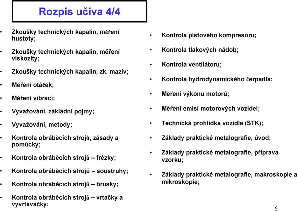 soustruhy; Kontrola obráběcích strojů brusky; Kontrola obráběcích strojů vrtačky a vyvrtávačky; Kontrola pístového kompresoru; Kontrola tlakových nádob; Kontrola ventilátoru; Kontrola