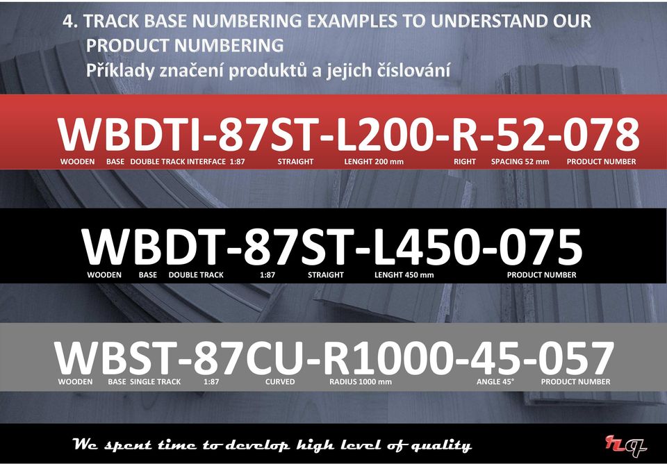 STRAIGHT LENGHT 450 mm PRODUCT NUMBER WBST-87CU-R1000-45-057 WOODEN BASE SINGLE TRACK