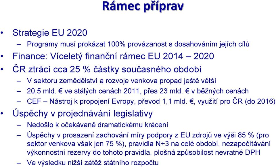 , využití pro ČR (do 2016) Úspěchy v projednávání legislativy Nedošlo k očekávaně dramatickému krácení Úspěchy v prosazení zachování míry podpory z EU zdrojů ve výši 85 % (pro