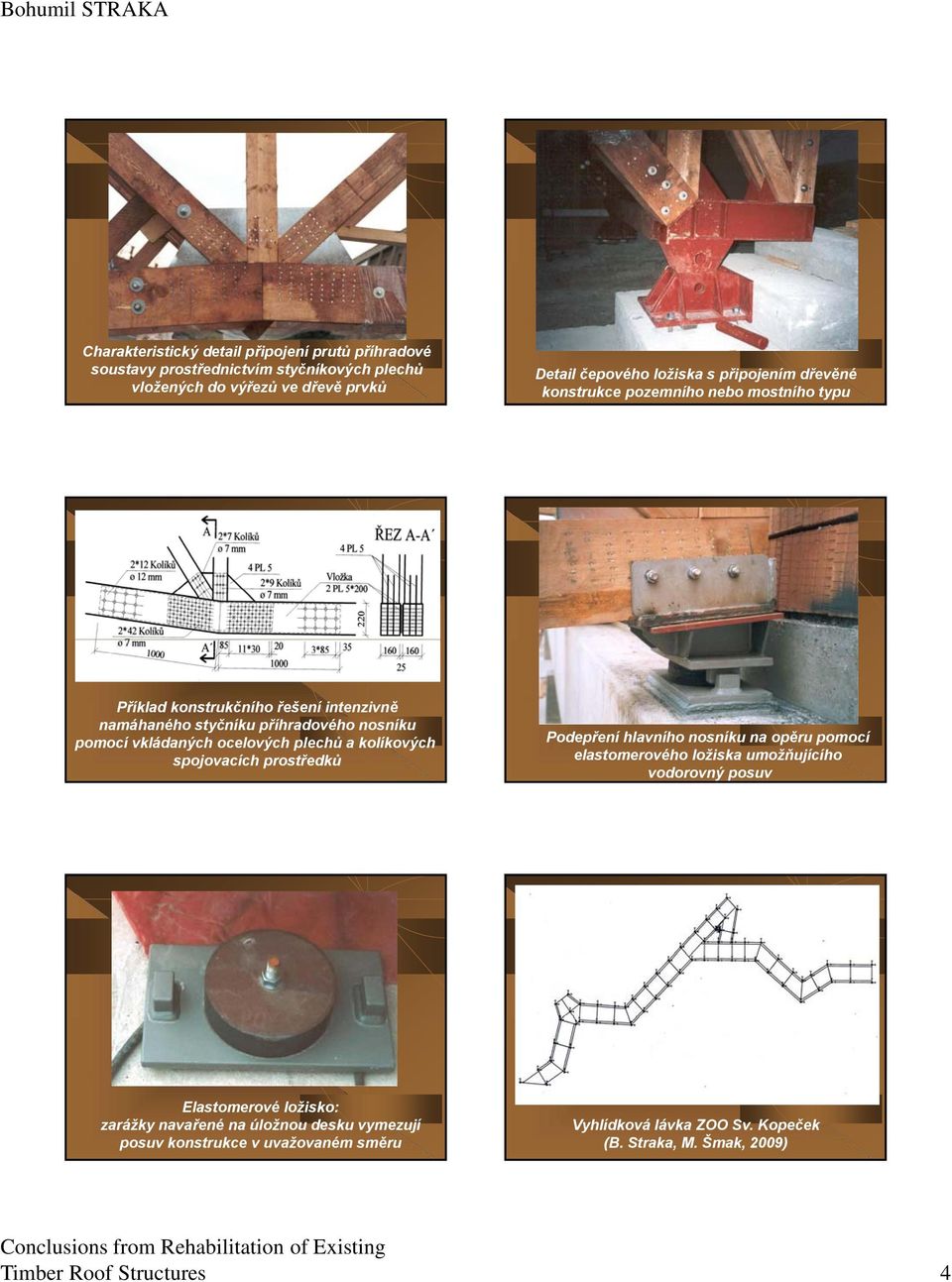 ocelových plechů a kolíkových spojovacích prostředků Podepření hlavního nosníku na opěru pomocí elastomerového ložiska umožňujícího vodorovný posuv Elastomerové
