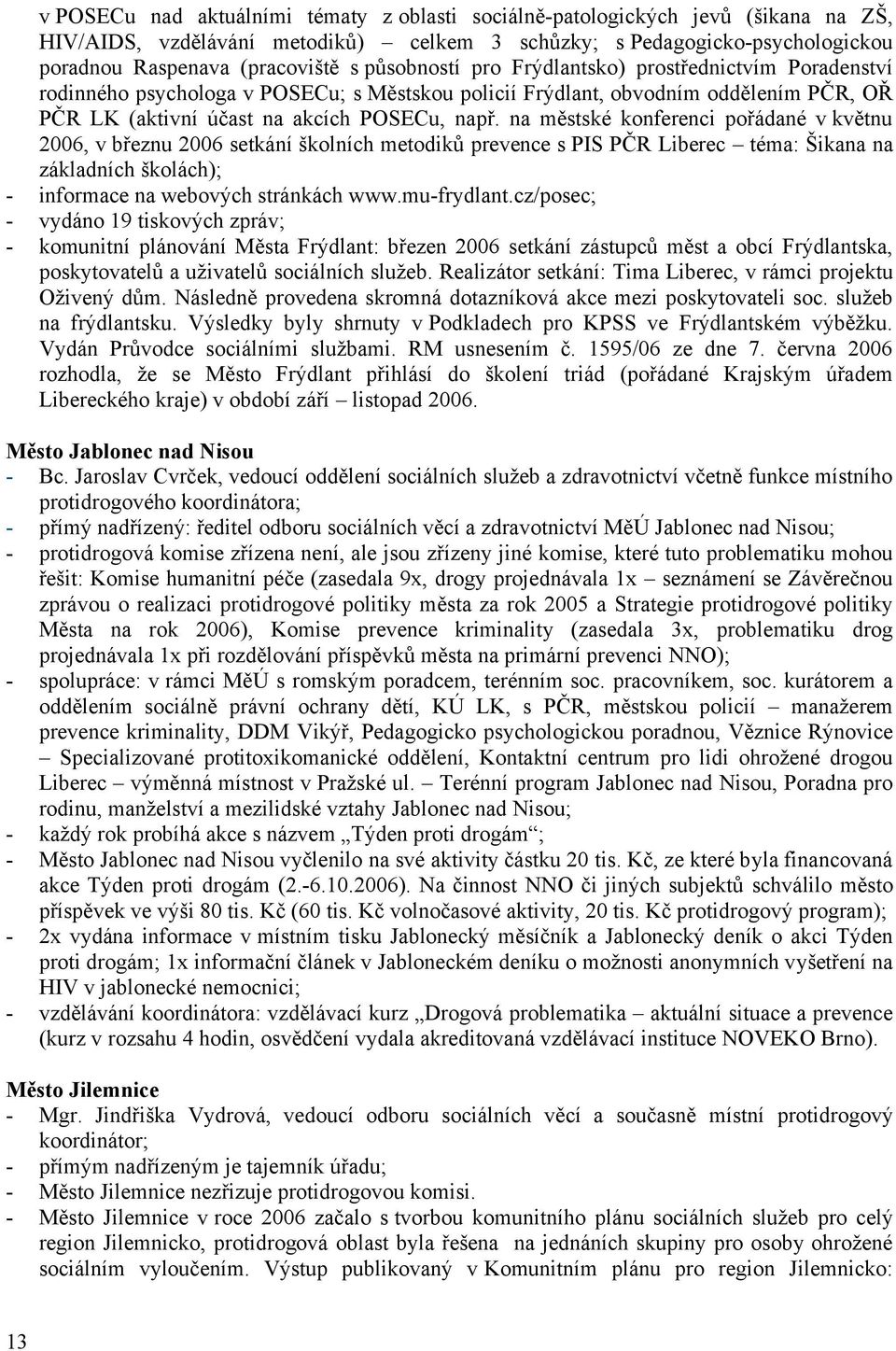 na městské konferenci pořádané v květnu 2006, v březnu 2006 setkání školních metodiků prevence s PIS PČR Liberec téma: Šikana na základních školách); - informace na webových stránkách www.mu-frydlant.