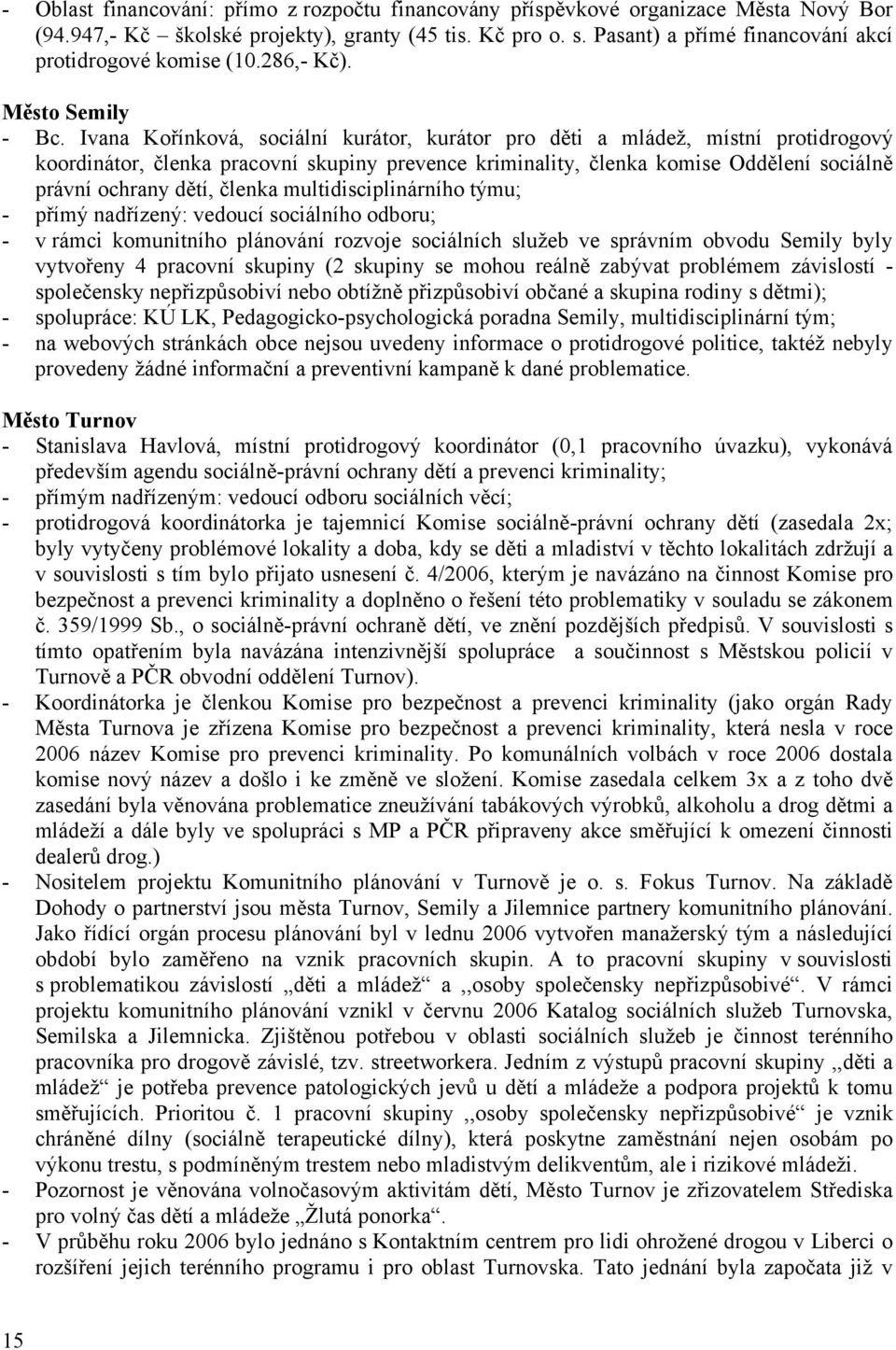 Ivana Kořínková, sociální kurátor, kurátor pro děti a mládež, místní protidrogový koordinátor, členka pracovní skupiny prevence kriminality, členka komise Oddělení sociálně právní ochrany dětí,