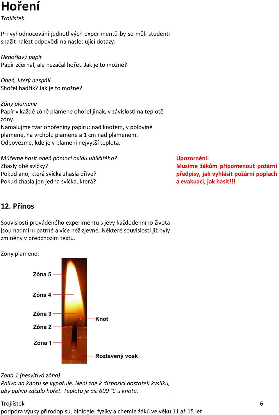 Namalujme tvar ohořeniny papíru: nad knotem, v polovině plamene, na vrcholu plamene a 1 cm nad plamenem. Odpovězme, kde je v plameni nejvyšší teplota. Můžeme hasit oheň pomocí oxidu uhličitého?