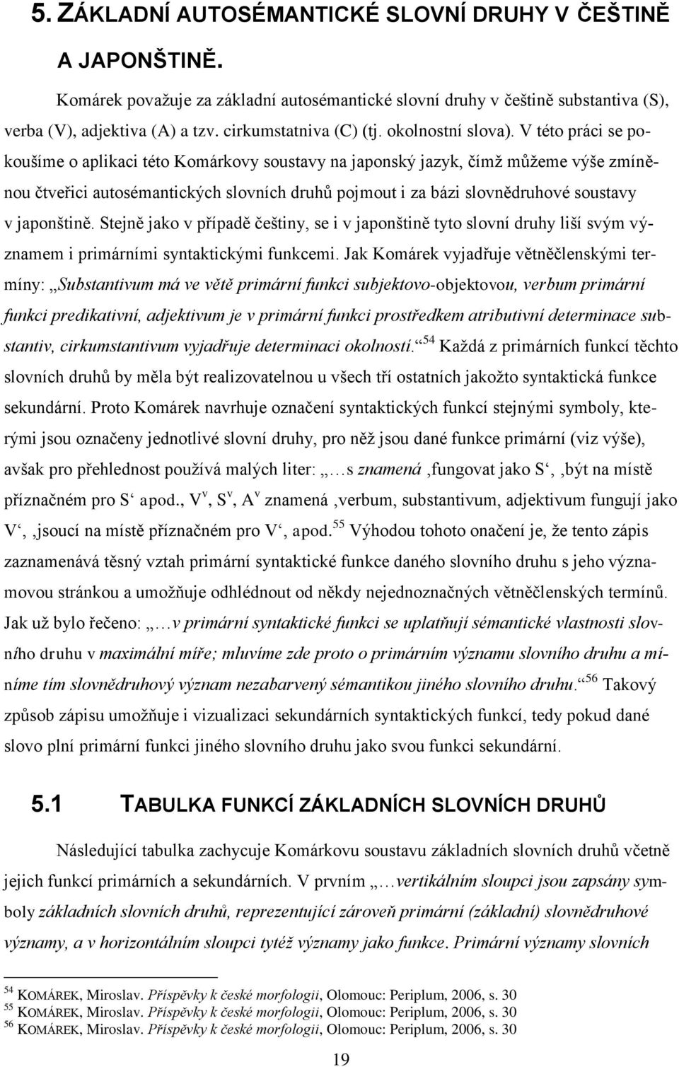 V této práci se pokoušíme o aplikaci této Komárkovy soustavy na japonský jazyk, čímţ můţeme výše zmíněnou čtveřici autosémantických slovních druhů pojmout i za bázi slovnědruhové soustavy v