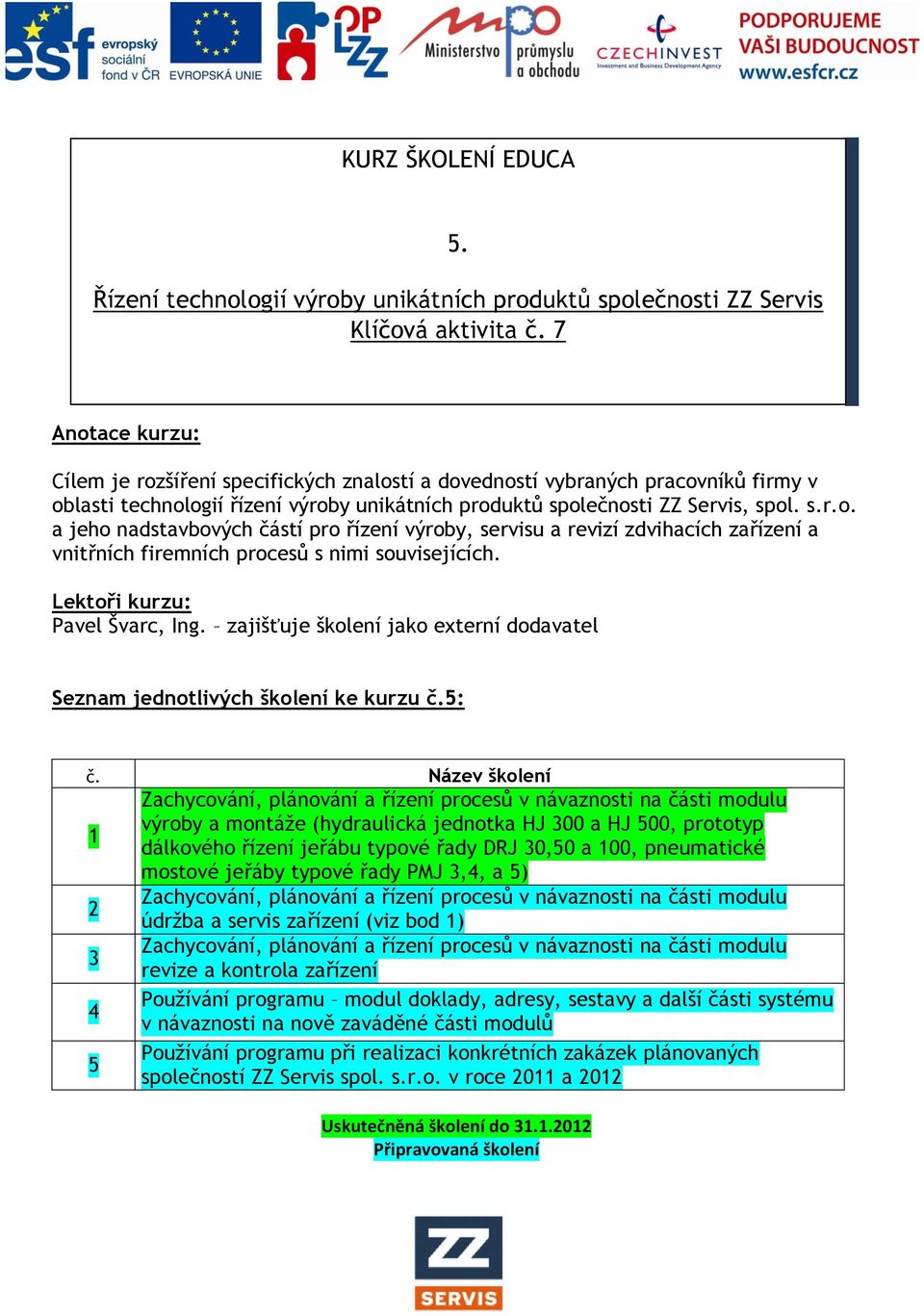 Lektoři kurzu: Pavel Švarc, Ing. zajišťuje školení jako externí dodavatel Seznam jednotlivých školení ke kurzu č.5: č.