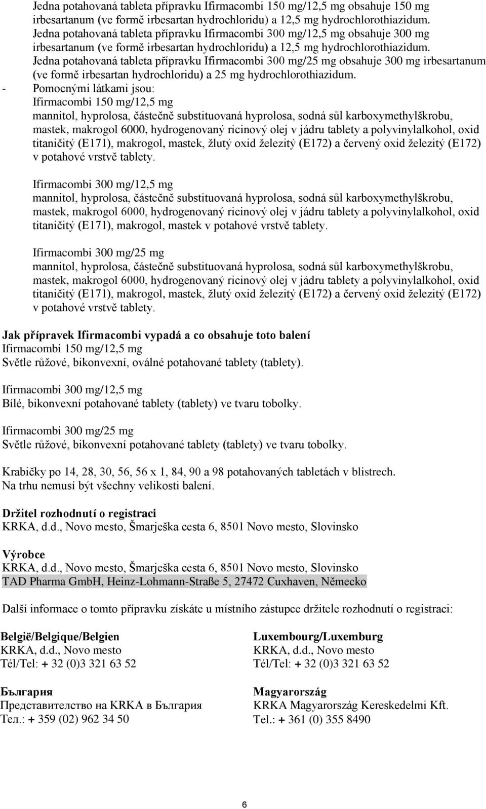 Jedna potahovaná tableta přípravku Ifirmacombi 300 mg/25 mg obsahuje 300 mg irbesartanum (ve formě irbesartan hydrochloridu) a 25 mg hydrochlorothiazidum.