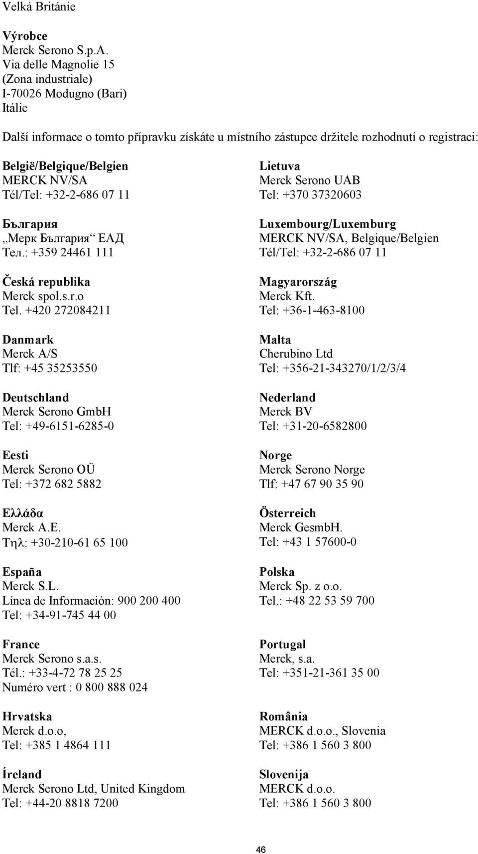 NV/SA Tél/Tel: +32-2-686 07 11 България Мерк България ЕАД Teл.: +359 24461 111 Česká republika Merck spol.s.r.o Tel.