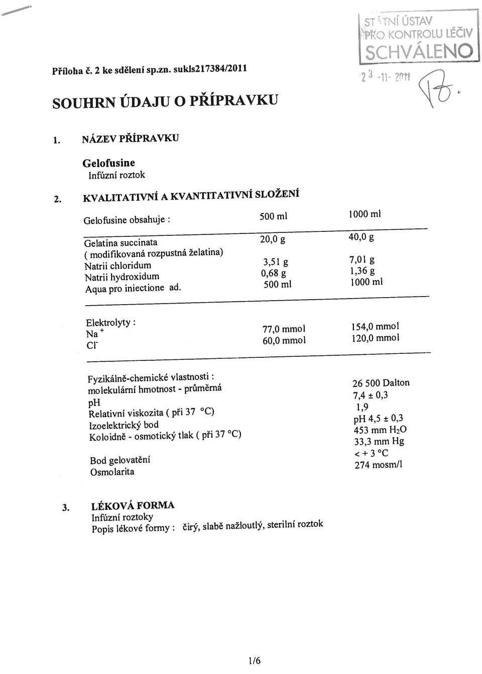 KVALITATIVNÍ A KVANTITATIVNÍ SLOŽENÍ pr Relativní viskozita ( při 37 C) Cľ 60,0 mmol 120,0 mmol Fyzikálně-chemické vlastnosti molekulární hmotnost - Koloidně - lzoelektrický bod Bod gelovatění