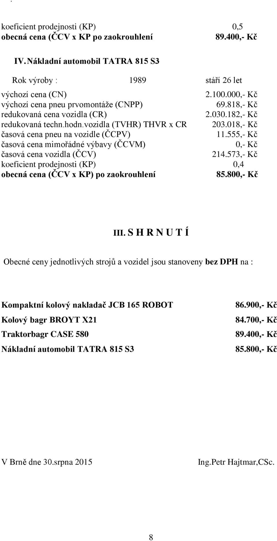 555,- Kč časová cena mimořádné výbavy (ČCVM) časová cena vozidla (ČCV) 214.573,- Kč koeficient prodejnosti (KP) 0,4 obecná cena (ČCV x KP) po zaokrouhlení 85.80 III.