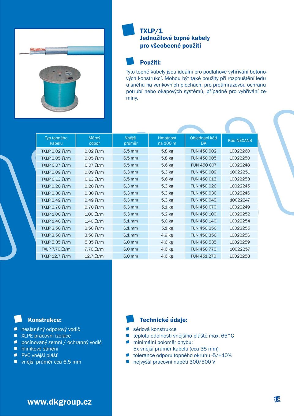 Typ topného kabelu Měrný odpor Vnější průměr Hmotnost na 100 m Objednací kód DK Kód NEXANS TXLP 0,02 Ω/m 0,02 Ω/m 6,5 mm 5,8 kg FUN 450 002 10022260 TXLP 0.