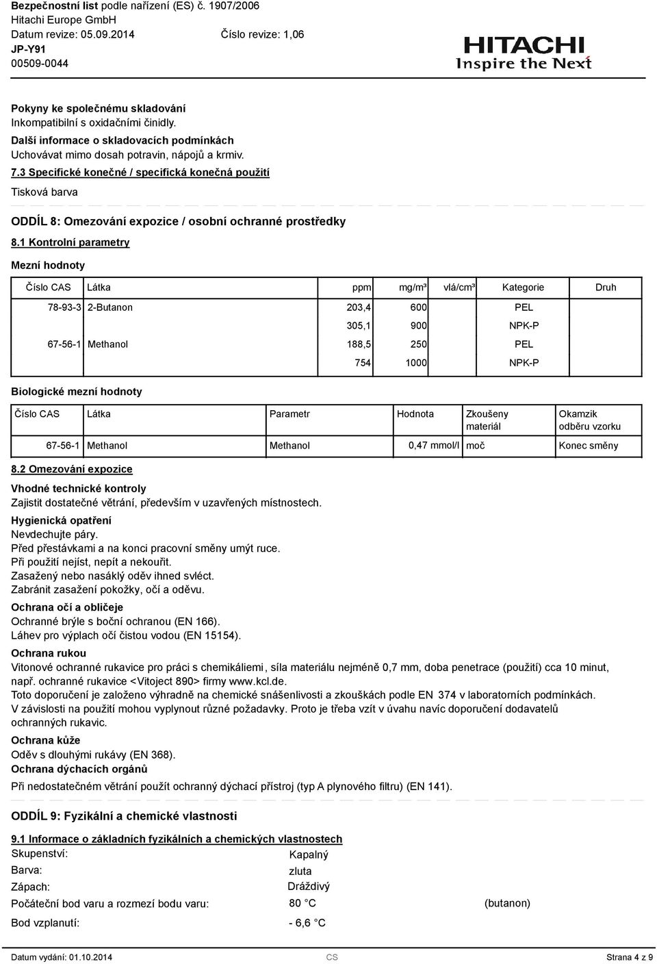 1 Kontrolní parametry Mezní hodnoty Číslo CAS Látka ppm mg/m³ vlá/cm³ Kategorie Druh 78-9- 2-Butanon 20,4 600 05,1 900 67-56-1 Methanol 188,5 250 754 1000 PEL NPK-P PEL NPK-P Biologické mezní hodnoty