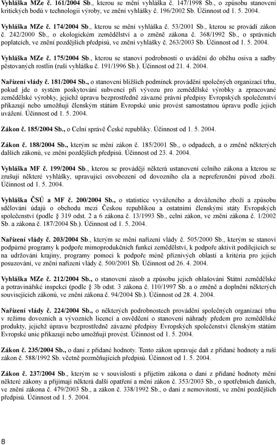 , o správních poplatcích, ve znění pozdějších předpisů, ve znění vyhlášky č. 263/2003 Sb. Účinnost od 1. 5. 2004. Vyhláška MZe č. 175/2004 Sb.