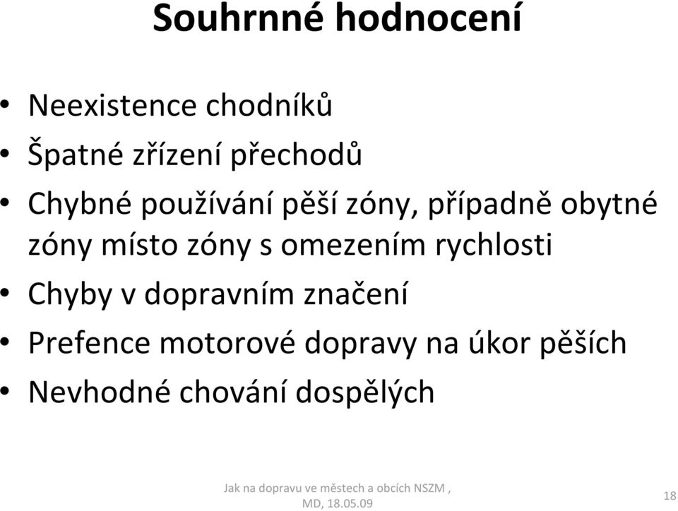 místo zóny s omezením rychlosti Chyby v dopravním značení