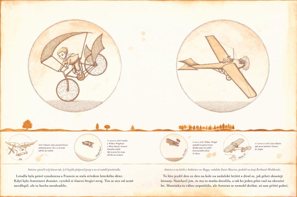 ČERvEnCE 1909: Louis Blériot jako první přeletěl z Francie do Anglie. Antoine vytvořil svůj letoun tak, že k bicyklu připevnil pruty a na ně natáhl prostěradla.