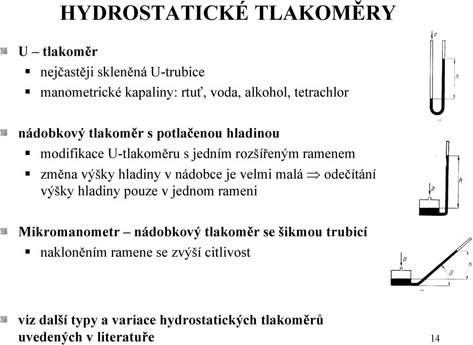 hladiny v nádobce je velmi malá odečítání výšky hladiny pouze v jednom rameni Mikromanometr nádobkový tlakoměr se