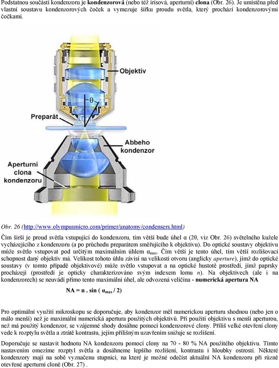 html) Čím širší je proud světla vstupující do kondenzoru, tím větší bude úhel α (2θ, viz Obr. 26) světelného kužele vycházejícího z kondenzoru (a po průchodu preparátem směřujícího k objektivu).