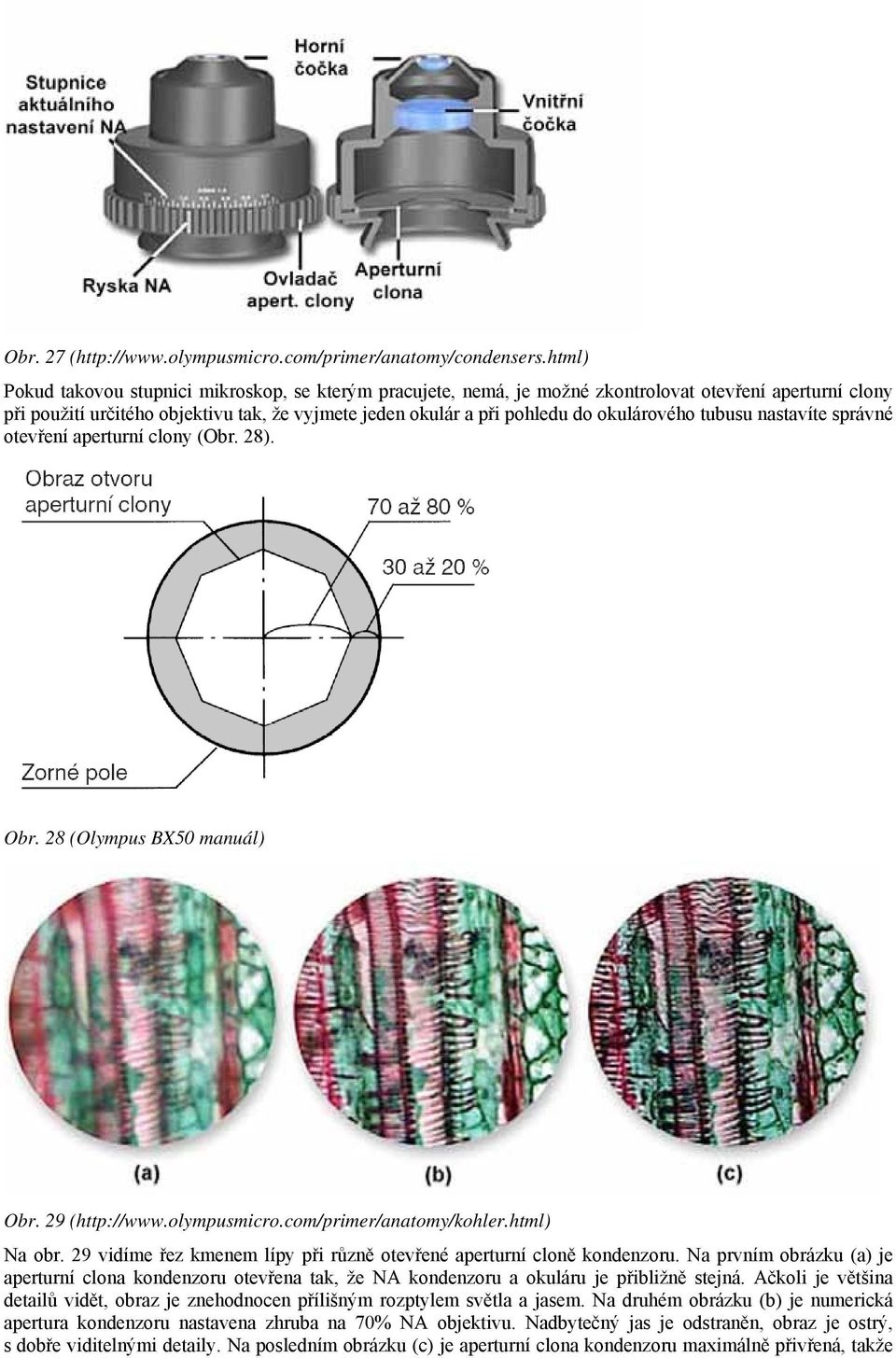 okulárového tubusu nastavíte správné otevření aperturní clony (Obr. 28). Obr. 28 (Olympus BX50 manuál) Obr. 29 (http://www.olympusmicro.com/primer/anatomy/kohler.html) Na obr.
