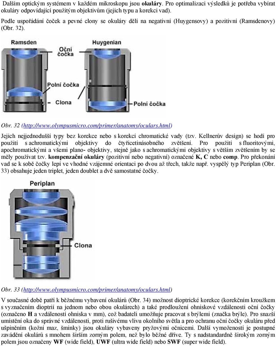 html) Jejich nejjednodušší typy bez korekce nebo s korekcí chromatické vady (tzv. Kellnerův design) se hodí pro použití s achromatickými objektivy do čtyřicetinásobného zvětšení.